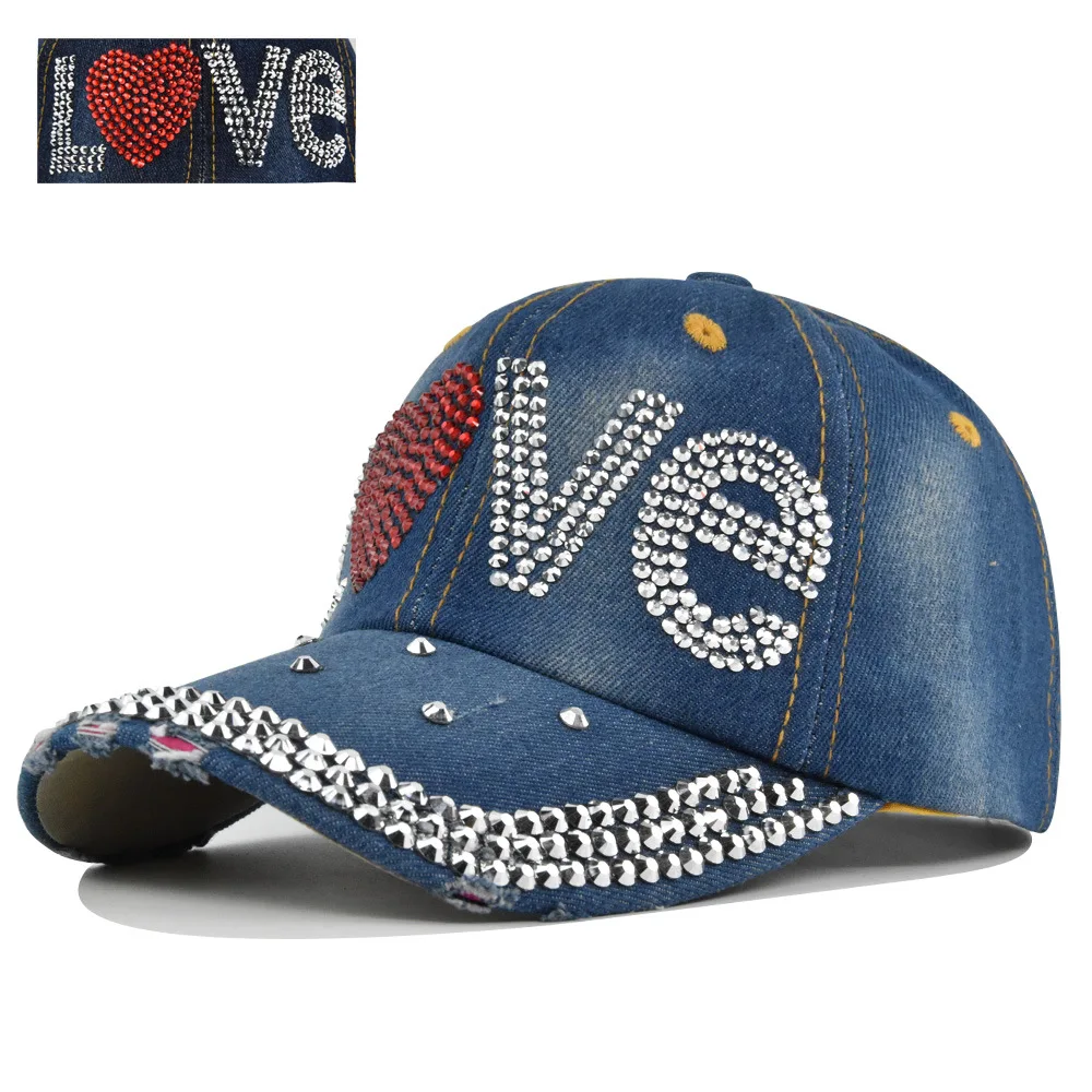 Denim Baseball Cap For Women Retro Rhinestone Love Fashion Cowboy Summer Sun Hat Snapback Caps Casual Outdoor New