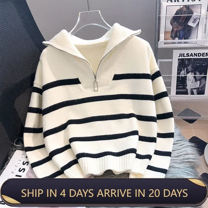 Fashionable And Loose Korean Style Zipper Striped Knitwear Sweater For Women