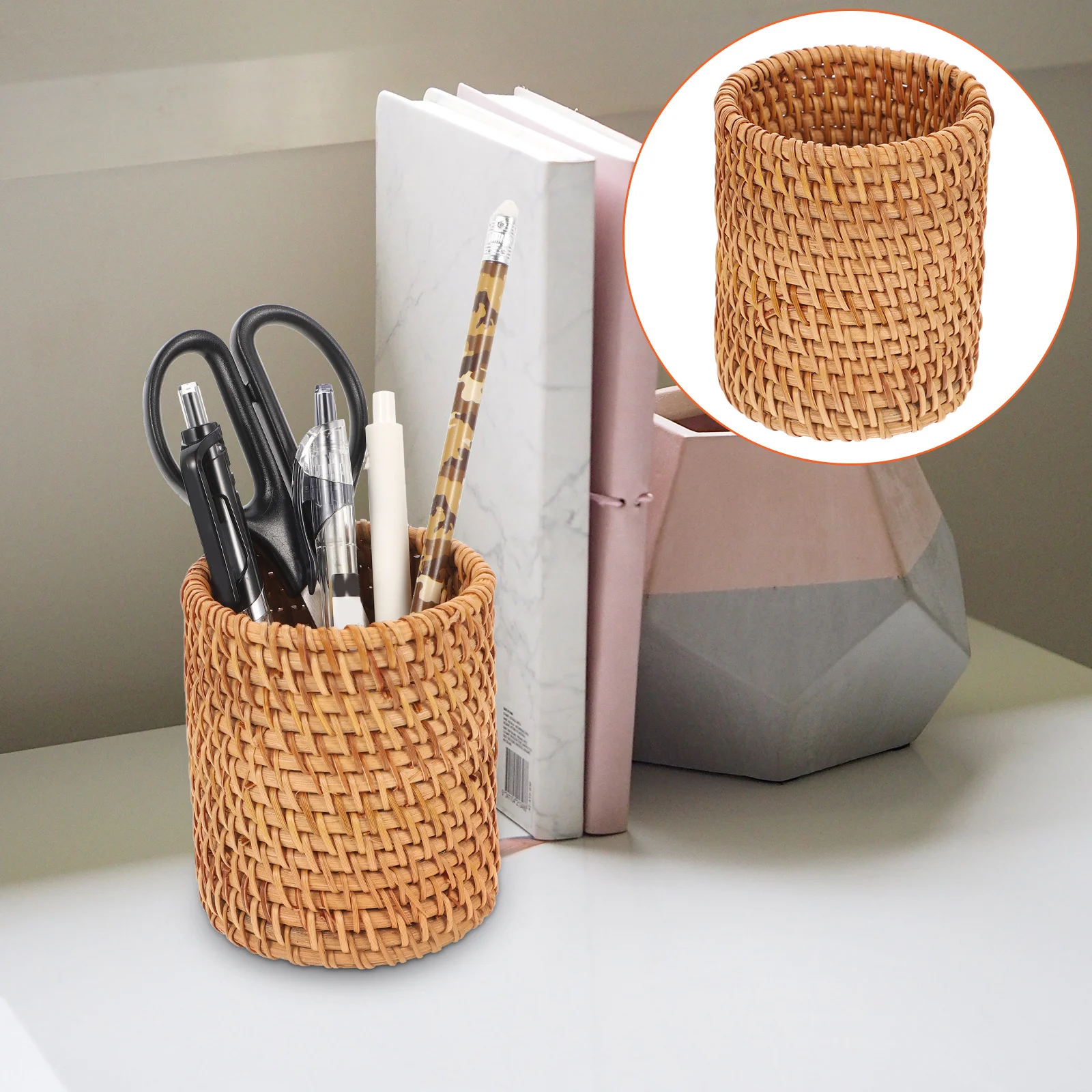 

Desktop Pen Holder Rattan Woven Stationery Organizer for Makeup Brushes Pens Pencils Decorative Tabletop Storage Bucket Office