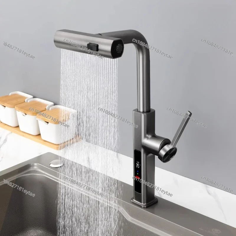 

Kitchen faucet hot and cold digital display pull-out rotatable multi-functional sink faucet，hydroelectric power LED faucet