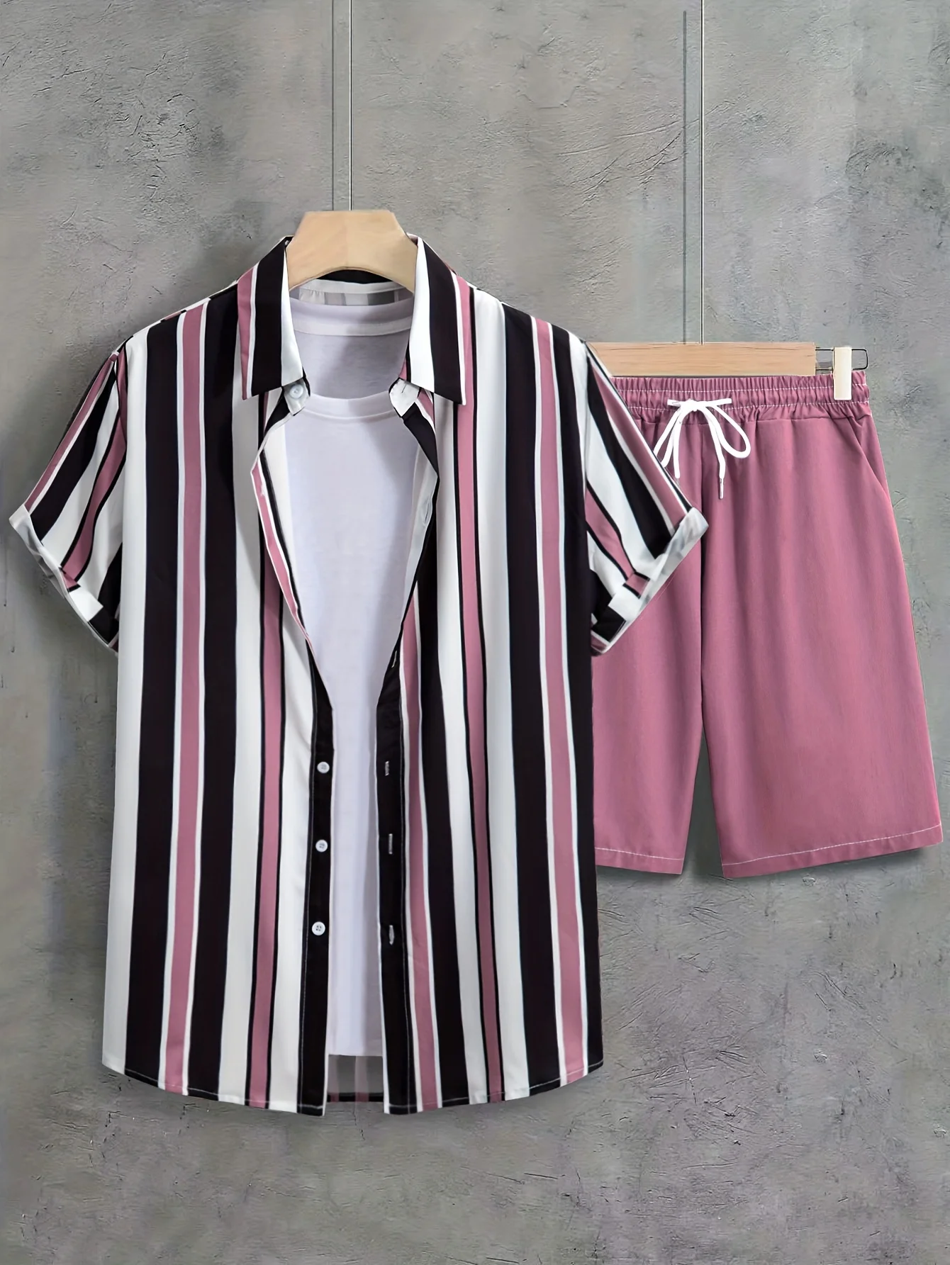 Exquisite Striped Print Men's Short-Sleeve Shirt & Beach Shorts Set Summer Casual Short-Sleeve Outdoor Sports Men's Shorts