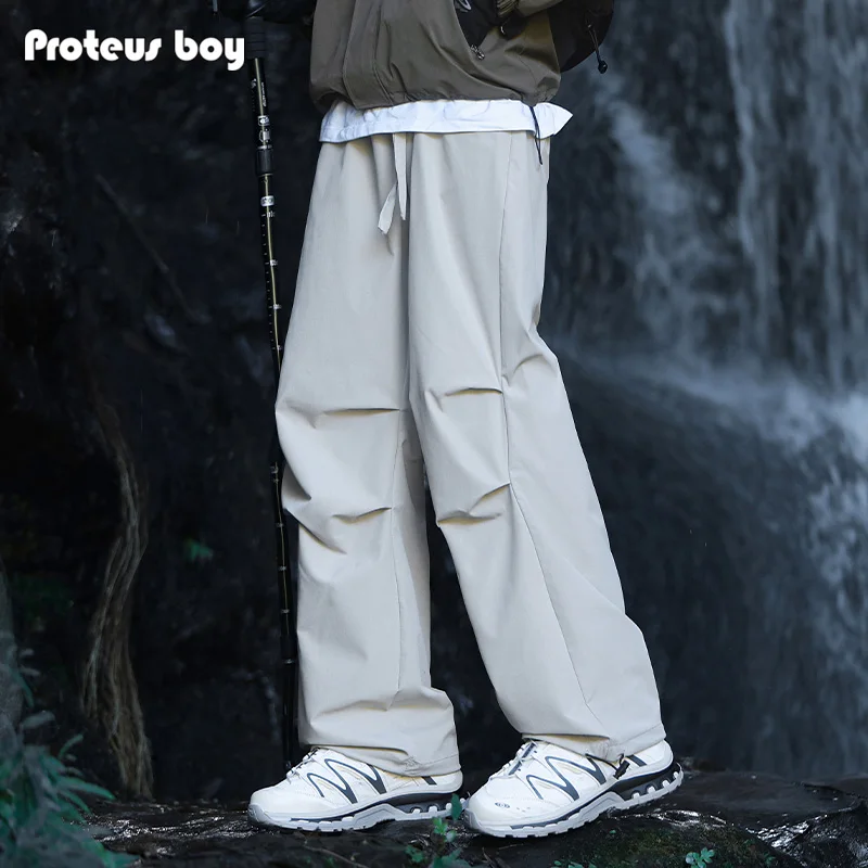 

ProteusBoy American Retro Pleated Outdoor Sports Casual Long Pants Paratrooper Straight Leg Dstring Trousers for Teens