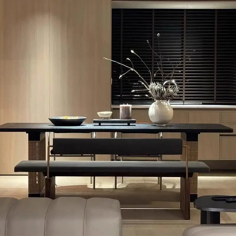 Retro black rattan designer creative home medieval wabi-sabi wind dining table, homestay multi-person negotiation table