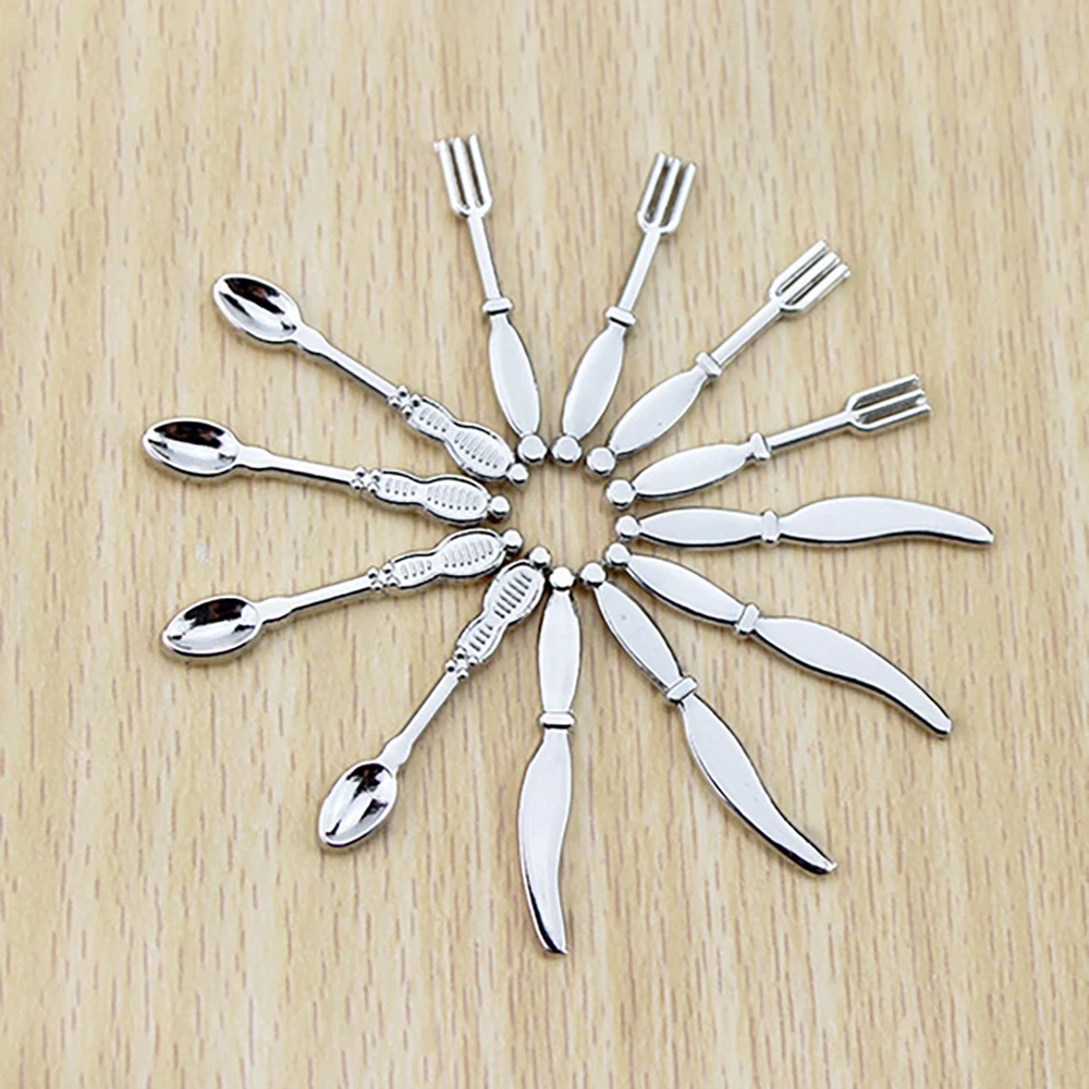12Pcs 1/12 Dollhouse Miniature Metal Knife Fork Spoon Mini Tableware Model Toy for Doll House Accessories Decoration ob11 bjd