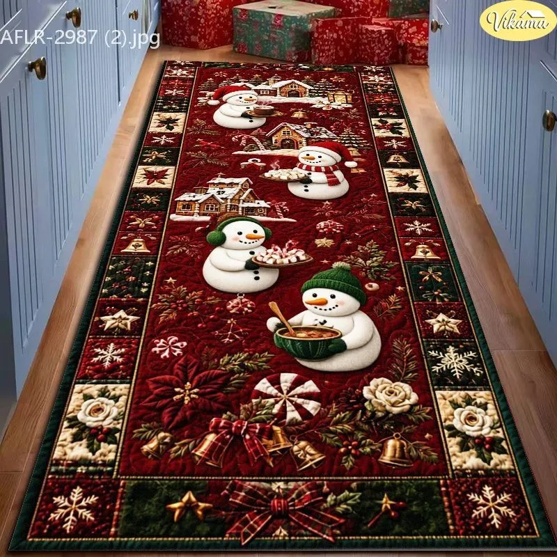VIKAMA Christmas Runner Rug, Snowmen & Village, Poinsettia Bells, Festive Printed, Soft Durable, Kitchen Bedroom Decor