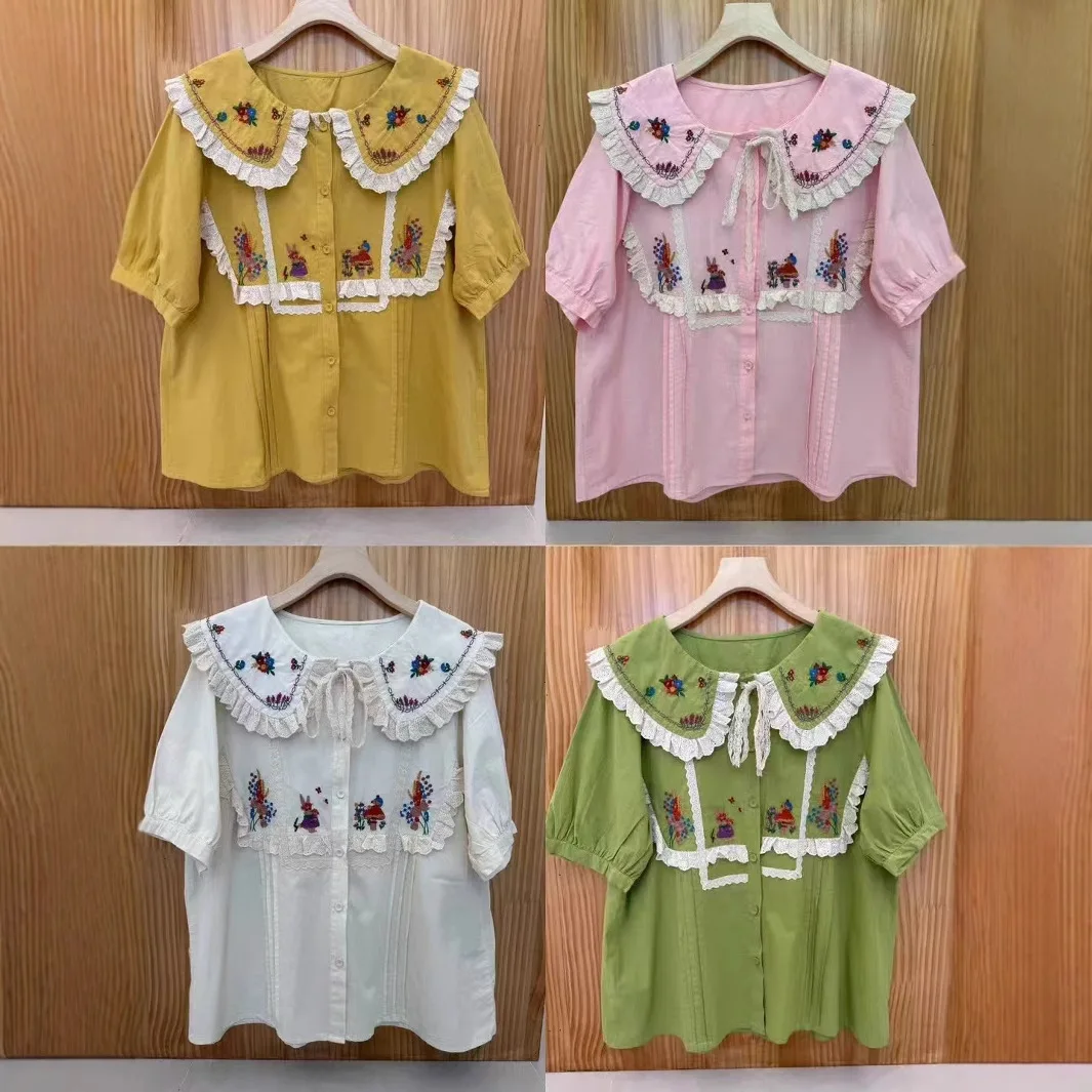 Japanese Sweet Mori Girl Lace Cartoon Embroidery Shirts Women Summer New Cute Peter Pan Collar Short Sleeve Casual Blouse Tops