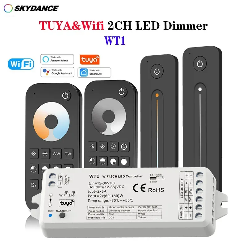 WT1 (TUYA+Wifi)  2 Channel Receiver 12V 24V CCT LED Strip Dimmer 2.4G RF Single color WW CW Remote Controller