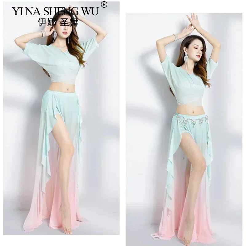 ชุดการแสดงระบำหน้าท้องแบบอียิปต์สำหรับผู้หญิง ชุดเต้นรำสำหรับผู้ใหญ่ กระโปรงแยกสีไล่ระดับ ชุดฝึกซ้อมเต้น