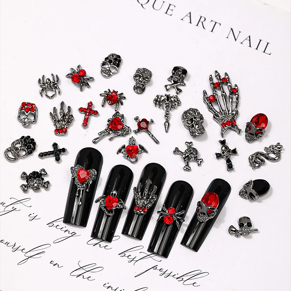 10pc gótico 3d halloween arte do prego decoração acessórios crânio escuro cruz aranha encantos para unhas design manicure decoração suprimentos
