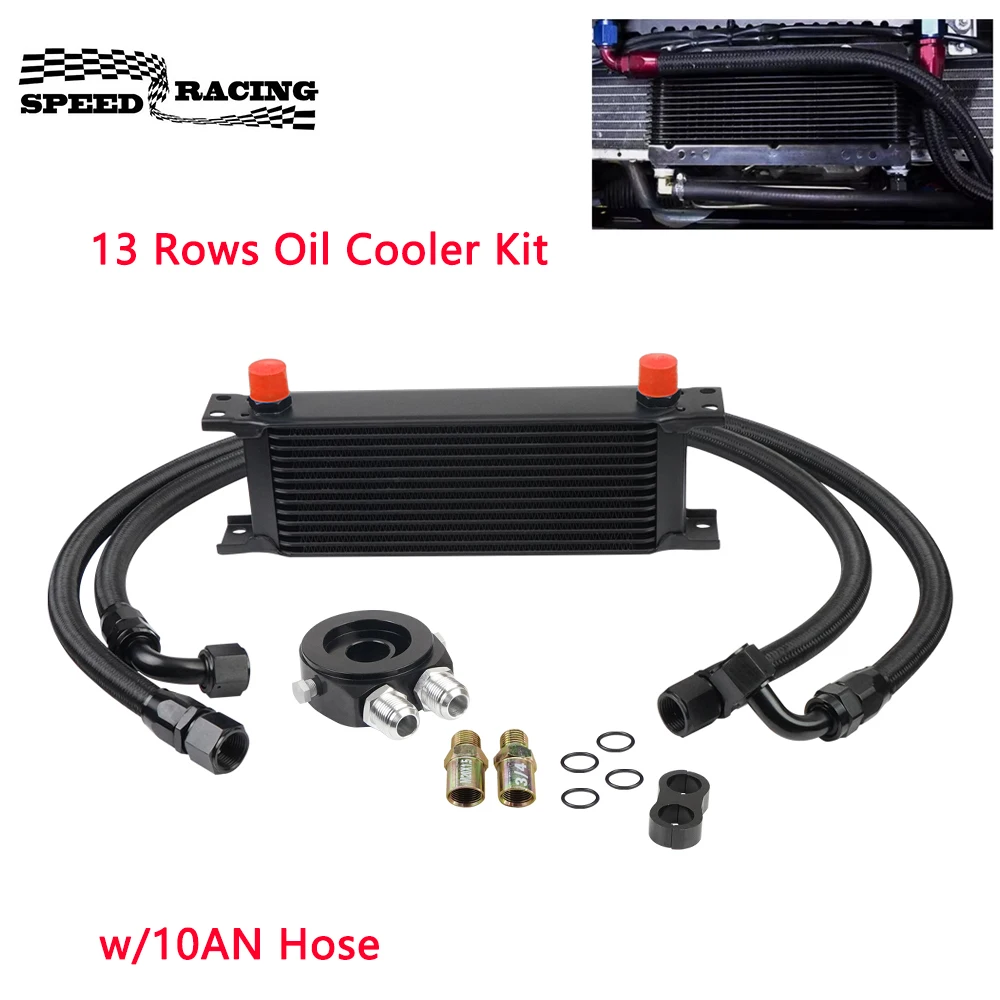 

Universal 13 Rows Oil Cooler Kit, Transmission Engine Cooler w/10AN Oil Filter Sandwich Adapter Nylon Braided Hose Line Kit