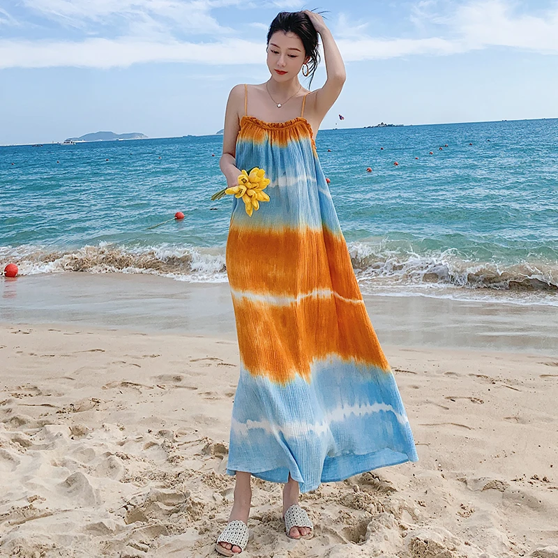 

Fashion Elegant Long Beach Dress Women Summer New Loose Tie Dye Strapless Dresses Woman Vacation