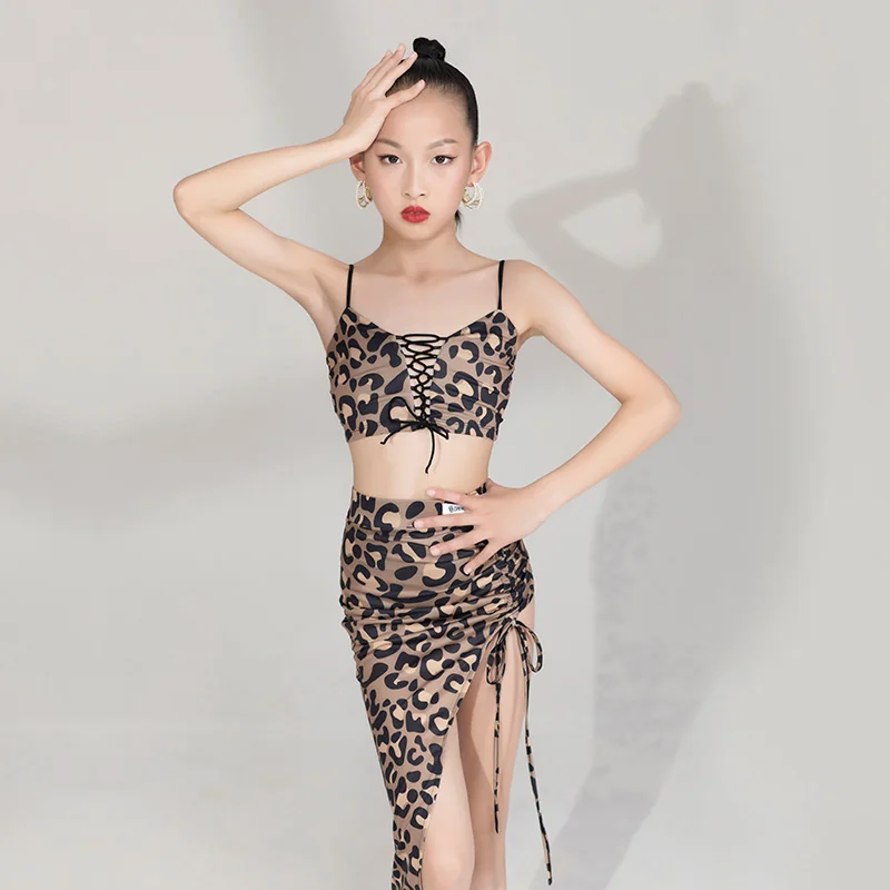 

Leopard Latin Dance Set Girls Stage Performance Costume Summer Ballroom Practice Wear Salsa Clothing Samba Dance Outfit JL4452