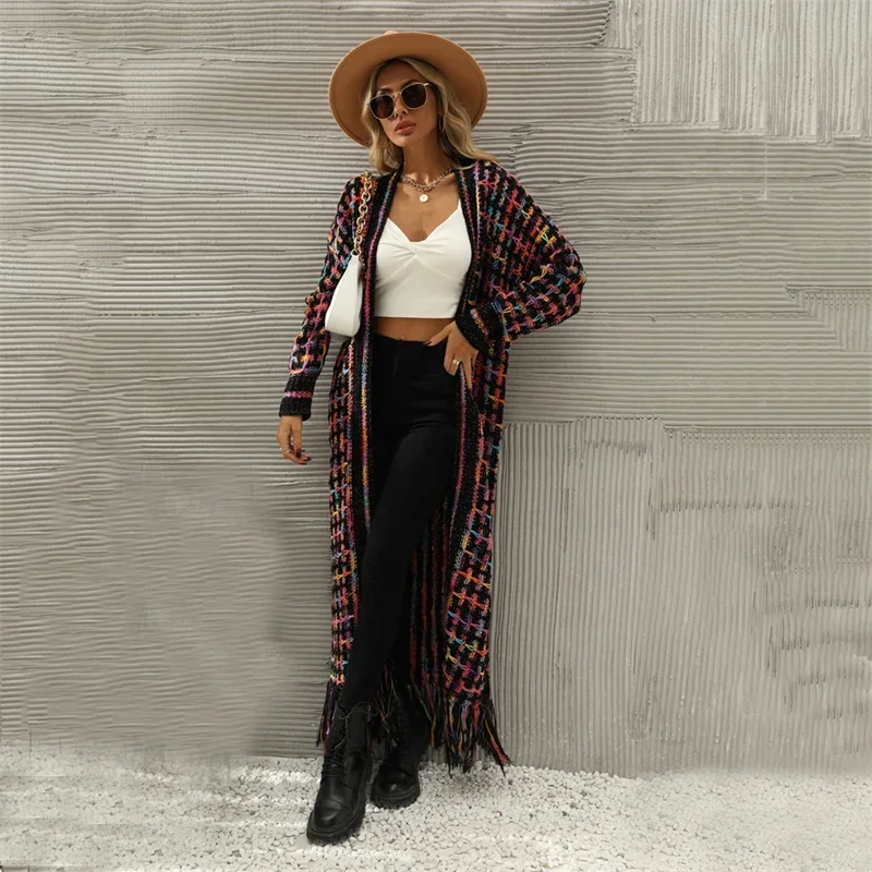 Sweet Style Sweater Women Colour Blocking Striped Tassel Splicing Hem Cardigan Long Jumpers Autumn Large Size Knitted Outerwear