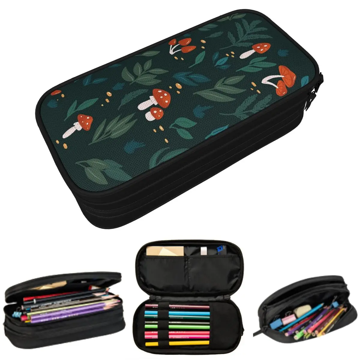

Mushrooms And Wildflowers With Green Flora Pencil Case for Students Gifts Pen Box Pencil Bag Stationery Supplies Pen Holder Bag