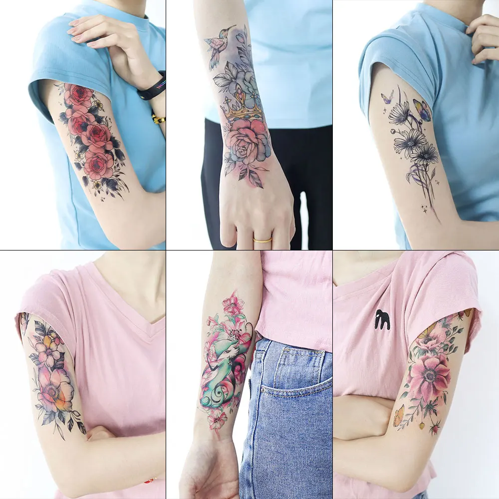 Bunte Blume temporäre Tätowierungen für Frauen Mädchen realistische Rose Schmetterling Blume gefälschte Tattoo Aufkleber Unterarm Körper Tattoos 3d