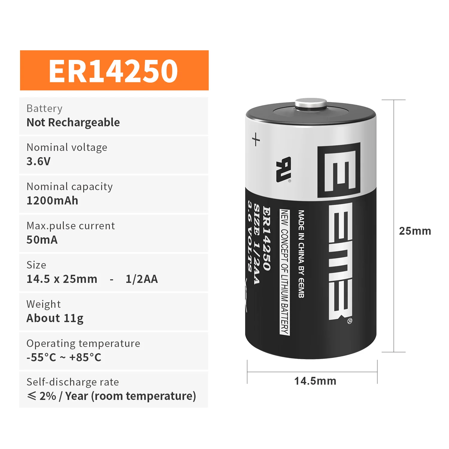 Imagem -02 - Eemb-bateria de Lítio Não Recarregável para Instrumentos Sensores Bateria Er14250 3.6v aa 1200mah Li-socl2 Ls14250 20 Pcs