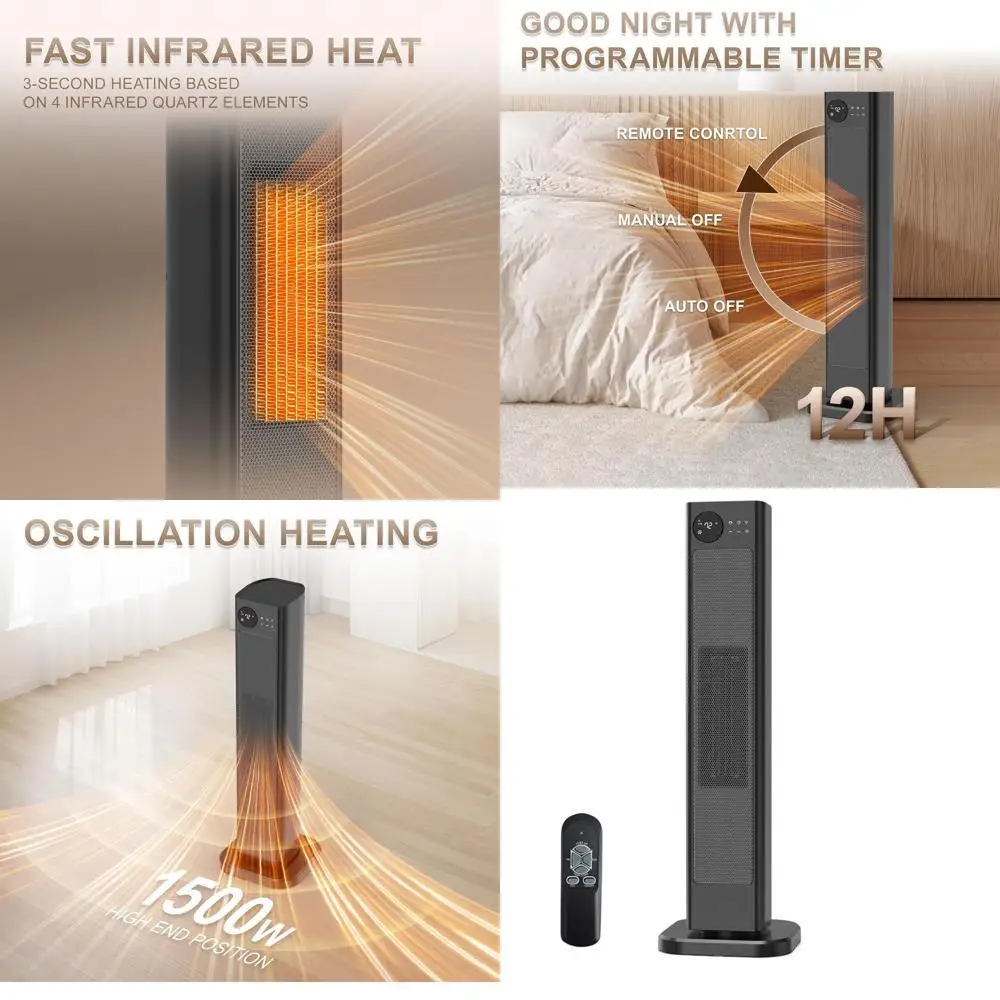 

15-часовой таймер, осциллирующий электрический обогреватель мощностью 1500 Вт с блокировкой от детей, дистанционным управлением, защитой от перегрева и опрокидывания для большого пространства