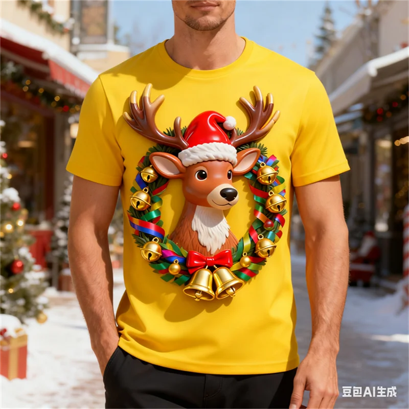 عيد الميلاد ثلاثية الأبعاد الرنة طباعة تي شيرت رجالي موضة عطلة حفلة قصيرة الأكمام الجولة الرقبة قميص اليومية عطلة عادية الرجال بلايز