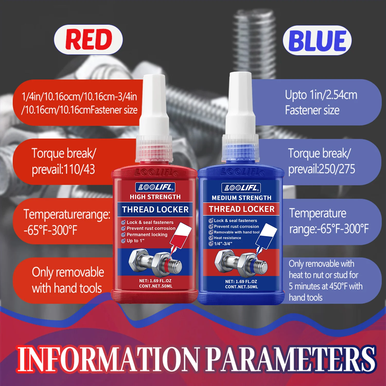 LOOLIFL 243-271 Medium to High Strength Thread Locking Agent Thread Adhesive Waterproof Corrosion-Resistant And Highly Stable