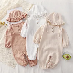 Newborn Baby Clothes Spring Autumn 100% Cotton Gauze Romper Cap Set Onepiece Pijamas Muslin White Waffle Jumpsuit Mamelucos Ropa