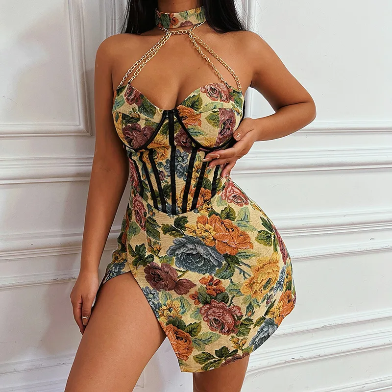 

Printed Flower Prom Dresses Halter Neck Sexy Side Split Short Mini Party Gown Metal Chain Hot Girl Club Evening Skirt In Stock