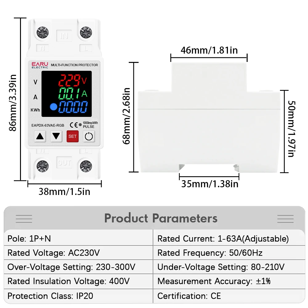 63A 230V 3IN1 Display Adjustable Over Voltage and Under Voltage Protective Device Protector Relay Over Current Protection Limit