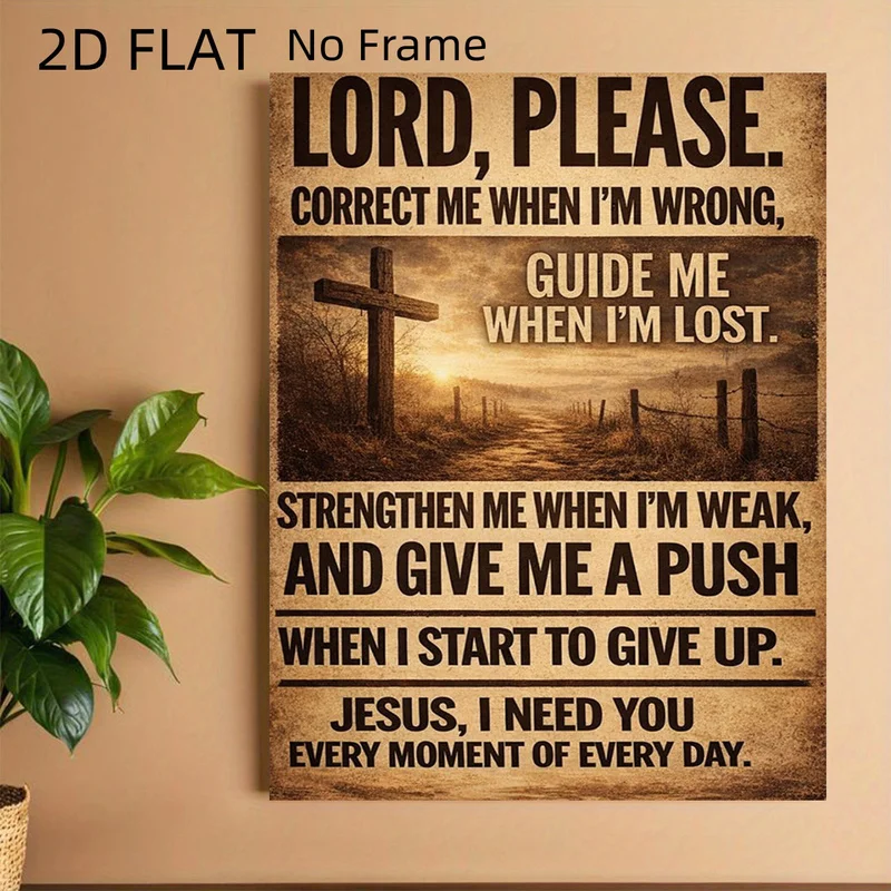 2D Flat No Frame Ah，Please correct my mistake，Jesus guides me in my lost direction——Vintage Country Style Canvas Painting，Prayer