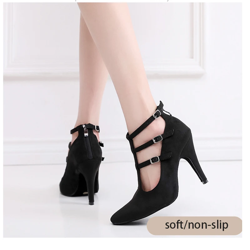 Woman Black Dance Shoes Girls High Heels Suede Rubber Summer Sandals Salsa Jazz Latin Leathered shoes6-11cm