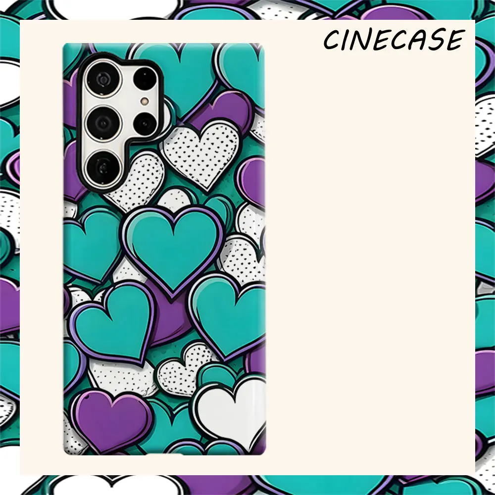 teal purple heart pop art For Samsung Galaxy S26 S25 S24 A56 A36 Dual Layer Luxury Fashion Full Lens Protective Case