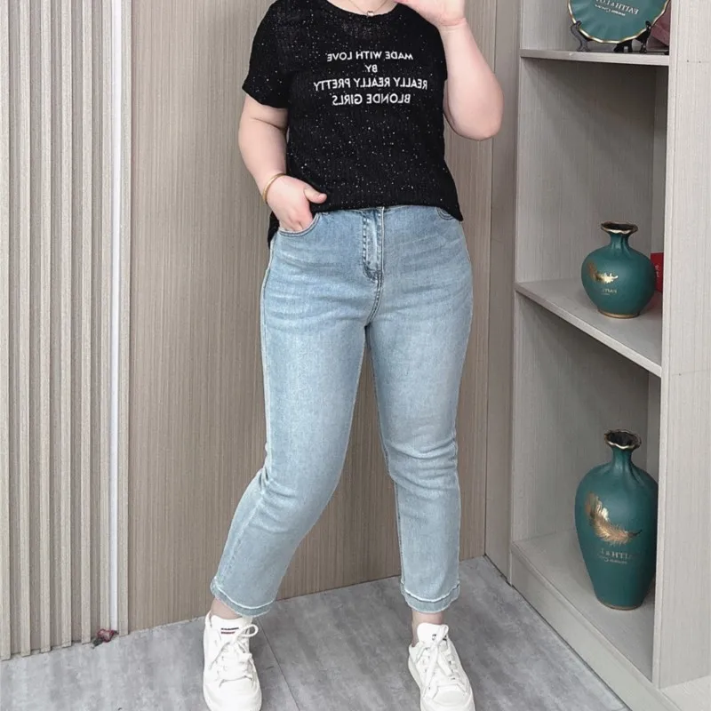 Quality High Waist Jeans Women Spring And Summer New Plus Size Thin Slim Stretch Denim Straight Pants