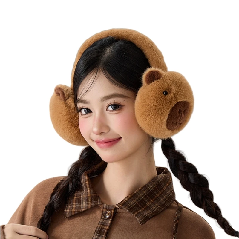 Plush Capybara Ear Muffs for Cold Weather Lovely Ear Protective Ear Warmer Foldable Ear Muffs for Winter Skiing Hiking