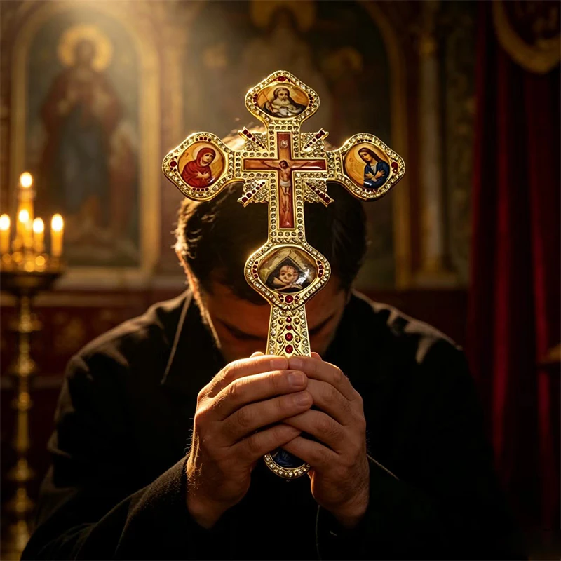 New Orthodox Golgotha Hand Cross Gold Icon Jesus Mary Saints Red Pearls Church Liturgical Blessing Byzantine Christian BGift