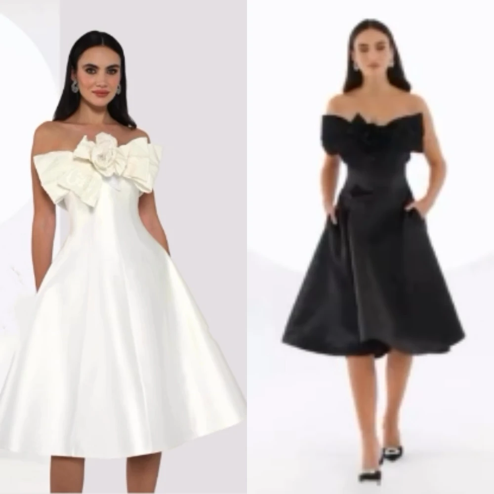 Customized High Quality Sparkle Exquisite Satin Flower Bow Clubbing A-line Strapless Bespoke Occasion Gown Knee Length Dresses