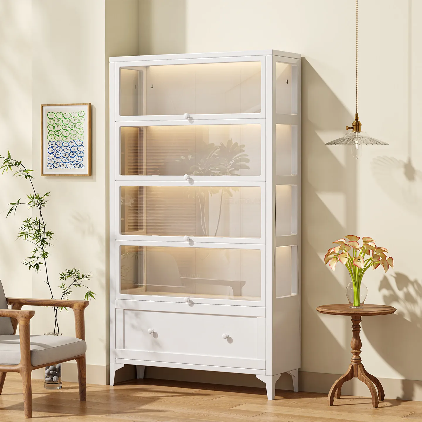 Steel Bookcase Locker with Drawer Integrated with Door Metal Bookshelf Glass Figure Display Cabinet Iron Locker