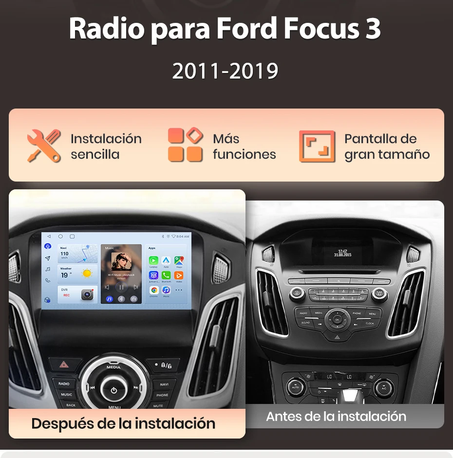 Junsun Radio mit KI-Sprachsteuerung für Ford Focus 3 mk3 2011-2019, kabelloses CarPlay, Android Auto, 2DIN-Autoradio mit Bluetooth, DAB+, GPS, RDS – Detail 2