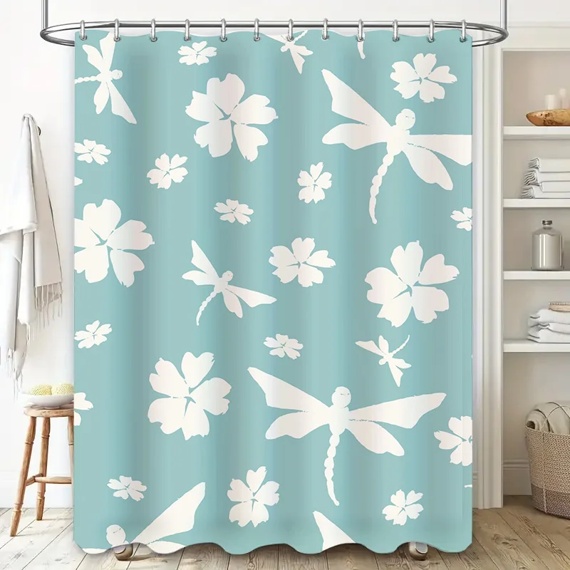 Beautiful Blue White Shower Curtain with Dragonflies Perfect for Bathroom Decor