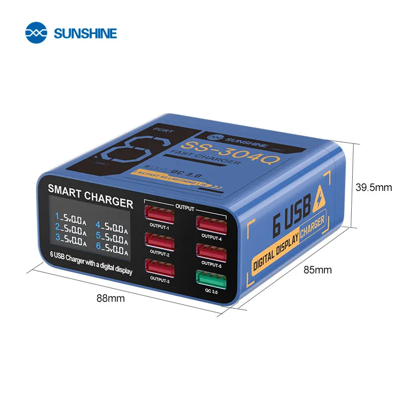 

Sunshine SS-304Q 40 Вт 6-портовое быстрое зарядное устройство USB Портативная электростанция для нескольких устройств с цифровым дисплеем для телефонов, планшетов, зарядное устройство