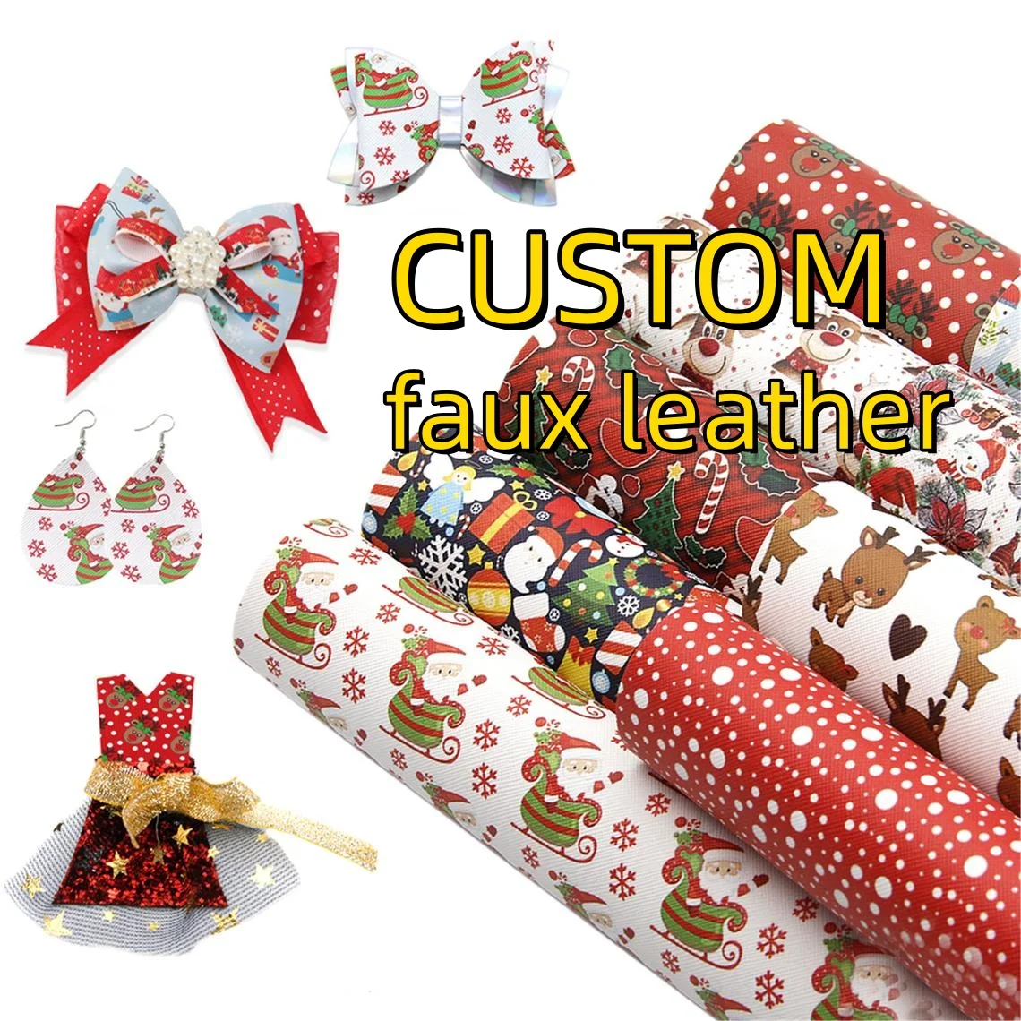 Custom 30x136cm 20x22cm Christmas Patterns Link Faux Artificial Synthetic Leather Fabric Printed for Patchwork DIY Accessories