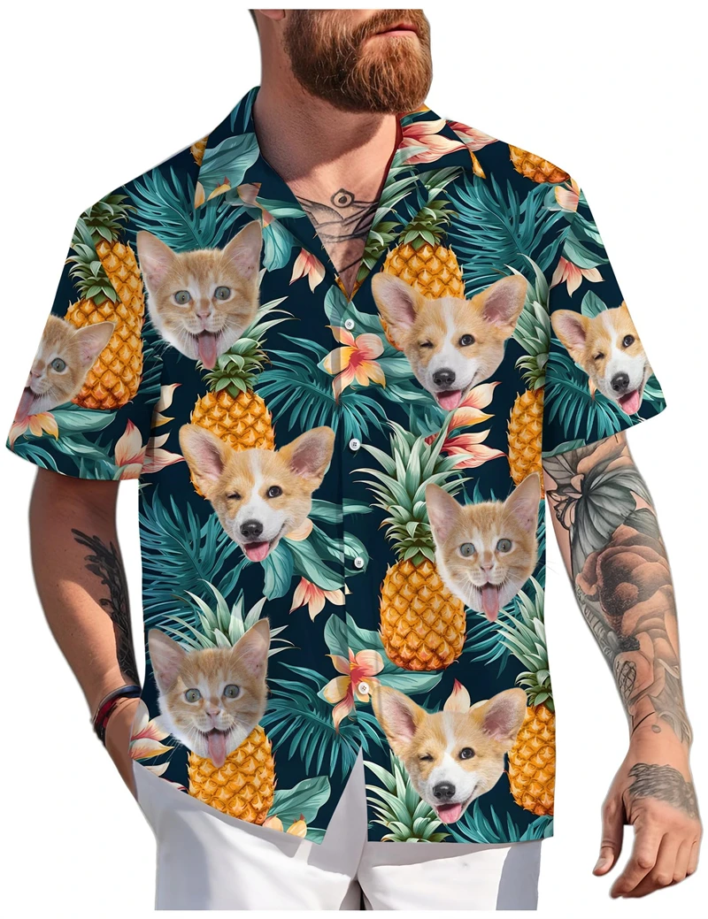 

Забавные гавайские рубашки с изображением лица домашних животных для мужчин, летняя модная рубашка с коротким рукавом, персонализированная рубашка с 3D принтом, свободные дышащие блузки