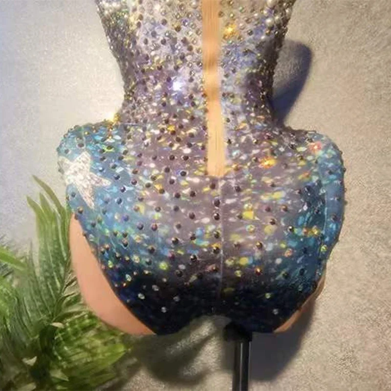 Błyszczące cyrkonie perłowe elastyczne elastanowe body dla kobiet pokaz taneczny kostium bez rękawów wieczorowy strój urodzinowy Drag Queen