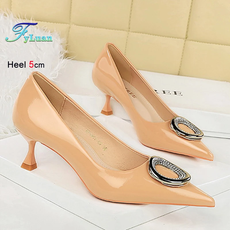 2025 Simple 5cm Women's Pumps Patent Leather Shallow Mouth Pointed Metal Rhinestone Buckle Single Shoe Ladies Medium Heel Shoes