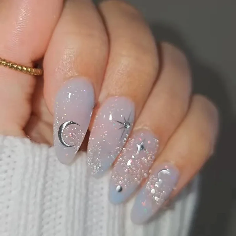 24 Stück Romantische Y2k Stern Press On Nails Farbverlauf Blau Französischer Stil Gold Mond Designs Fake Nail Süße Mandel Falsche Nägel für Frauen