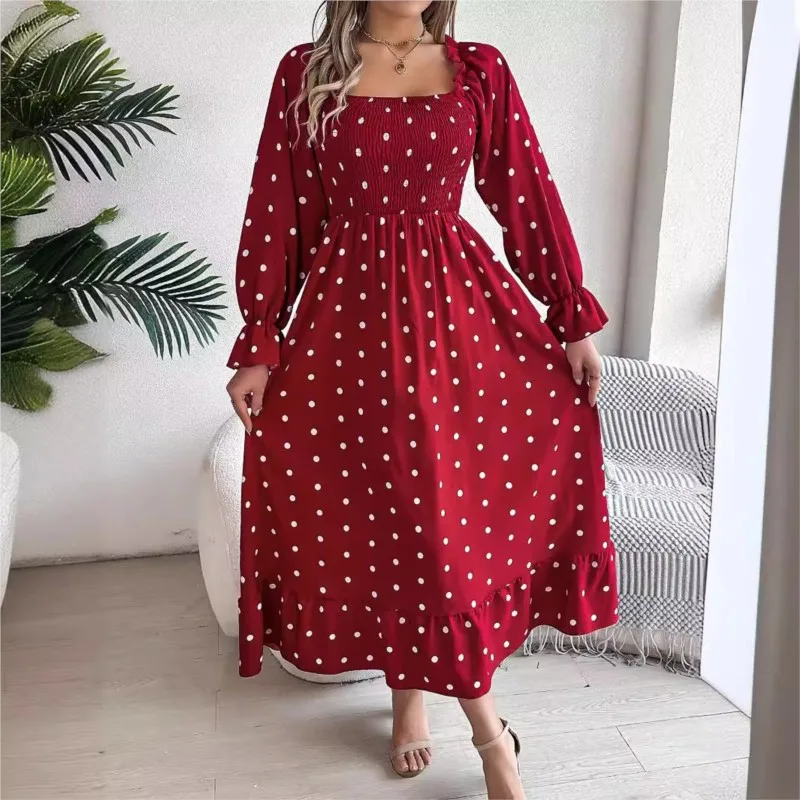 

Lady Casual Autumn And Winter Black Fungus Square Collar Long Sleeved Polka Dot Women's Elegant And Generous Long Dress Vestidos