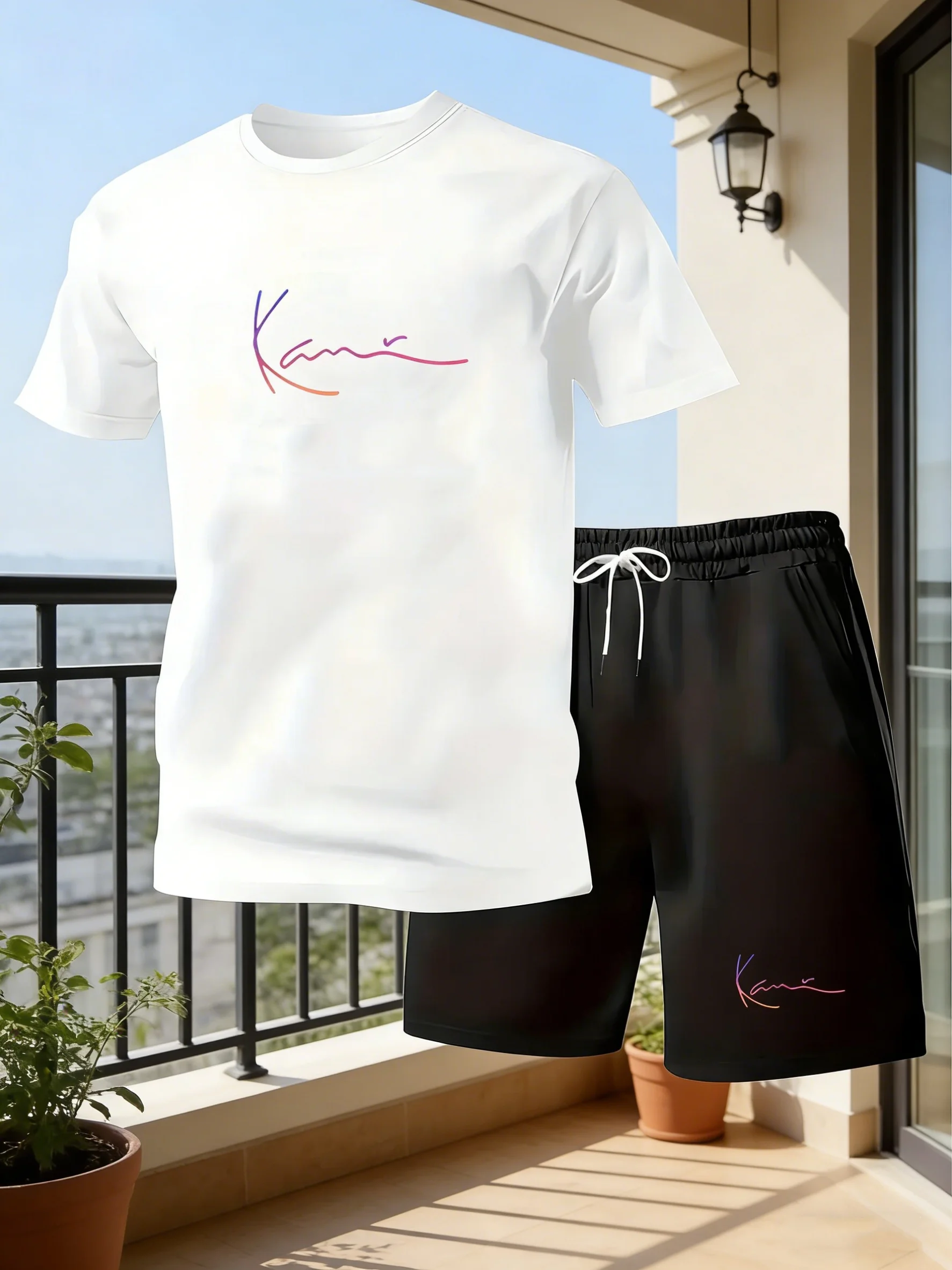 

New Men's Outfit Summer Short Sleeve T Shirt Set Fashion 2 Piece Sportwear Printed Casual shorts Sweatshirt Men's Tracksuit