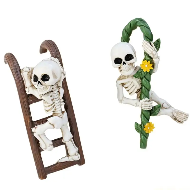 QX2E 2 Piece Funny Skeletons Climbing Ladder Decors Resins Craft Miniature Ornaments For Indoor And Outdoor Decorative Use