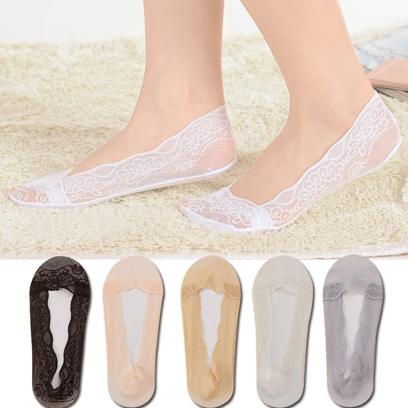 5 Pair Socks Women's Summer Slippers Socks Invisible Boat Mesh Lace Thin Short Fashion Silicone  Non-slip Cool Sexy Breathable S