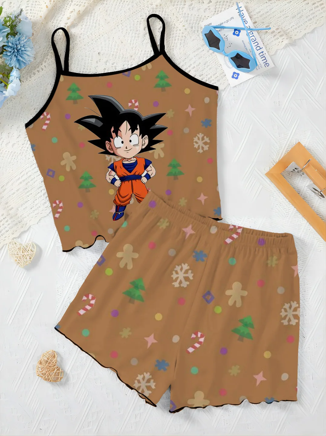 Son Goku Pajama Skirt Elegant Women's Sets for Women 2 Pieces Lettuce Trim T-shirt Top Home Dress Dragon Ball Short Two Set Suit