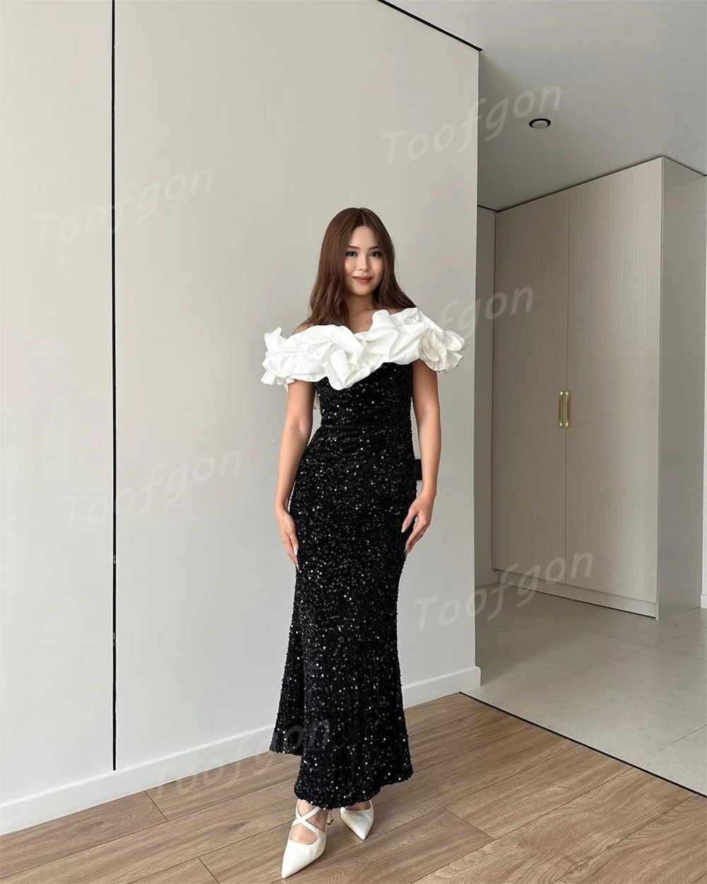 Toofgon Luxury Mermaid Evening Dresses Off Shoulder Sequins Lace Sparkly Special Evening Gown Women Birthday Occasion Customized