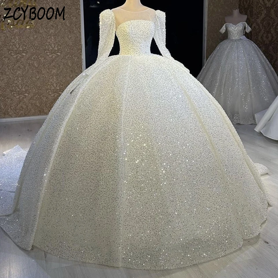 Customized Sequin Beaded Full Sleeves Wedding Dress 2023 Ball Gown Floor Length Sweep Train Lace Up Custom Made Bridal Gown