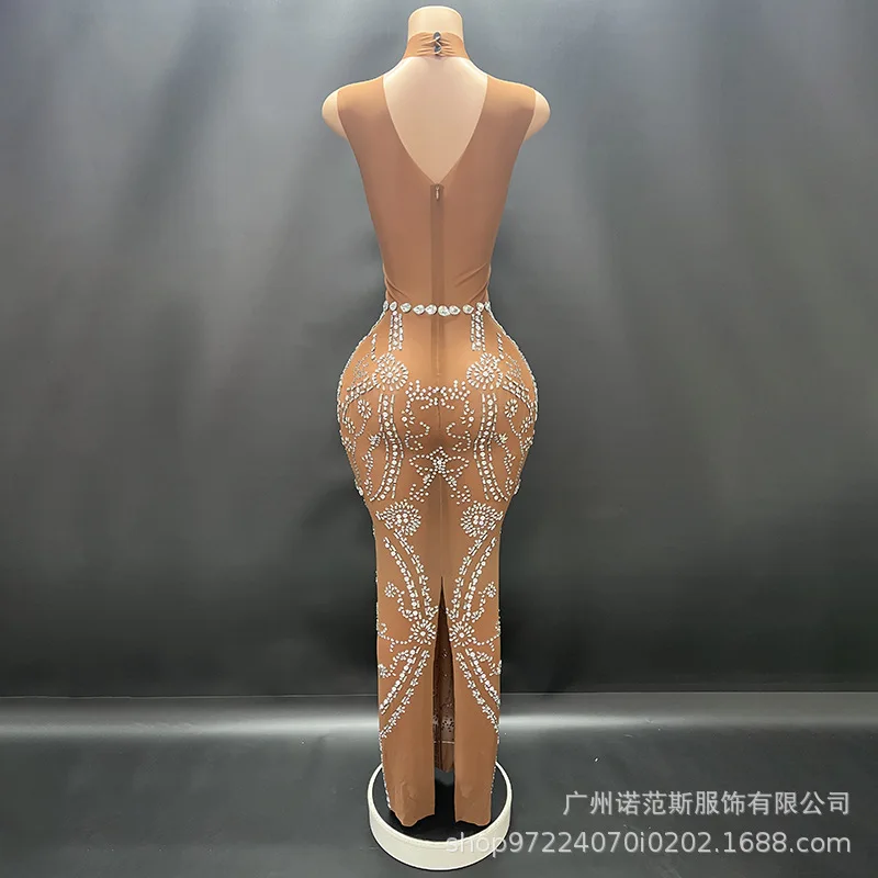 Light Brown Bright Diamond Elastic Slim Long Dress Singer Stage Singing Clothing Company Annual Meeting Evening Wear Ever Pretty
